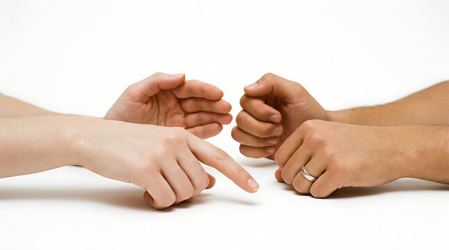 Two people gesture with their hands in a pointing and accusatory manner indoors