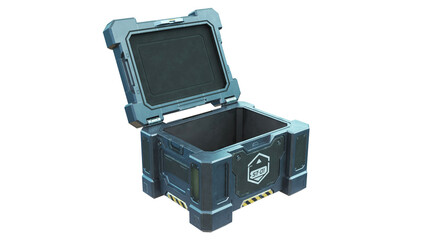 Open hybrid military sci-fi storage crate with armored panels, hard-surface details and blue industrial textures on transparent background. © FraP 2D