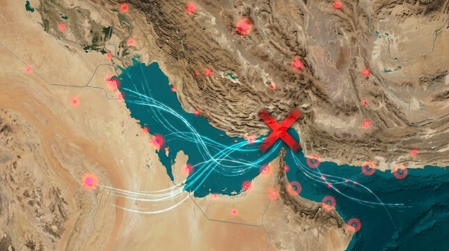 Digital map displaying global trade routes interrupted by a red cross symbol over the middle east region Strait of Hormuz representing strategic maritime supply chain disruption
