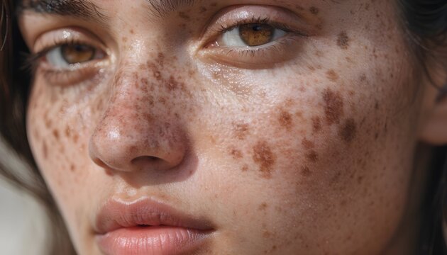 Facial Pigmentation Close Up Portrait in Natural Lighting, Skin Hyperpigmentation, Melasma, Freckles, Dermatology and Skincare Concept