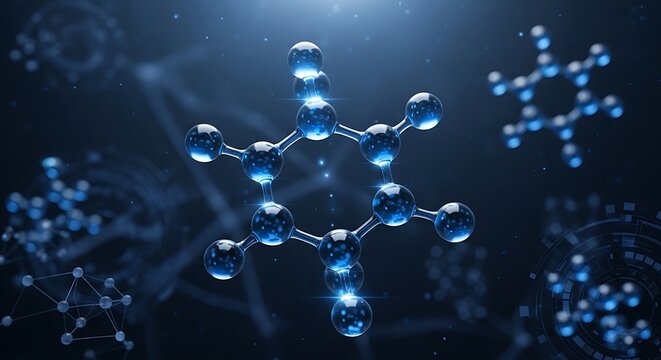 A 3d molecular structure with glowing blue atoms on a dark background with other molecular structures