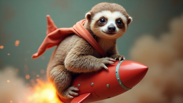 Adorable sloth perches atop a glowing red rocket. Fiery flames billow behind as it speeds through space. Sloth wears a red scarf, smiling confidently. Its eyes sparkle with adventure, not fear