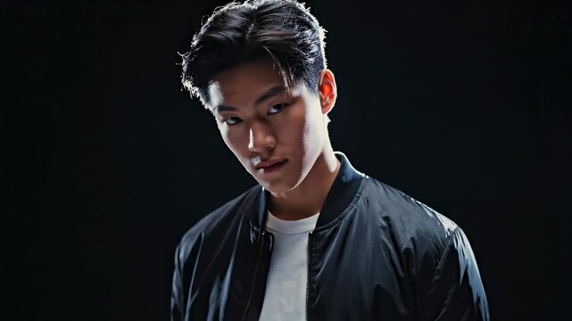 Asian man posing in studio close-up against black background, wearing bomber jacket and white shirt, showing confident fashion portrait, male model branding, youth apparel, commercial advertising use.