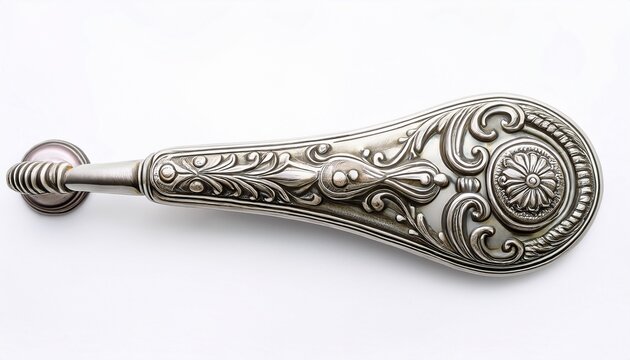 ornate antique silver drawer pull with rococo style scrollwork and central design isolated on white background