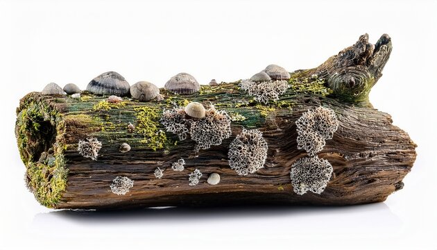 driftwood log covered in barnacles and marine growth showing patterns of decay isolated on white background