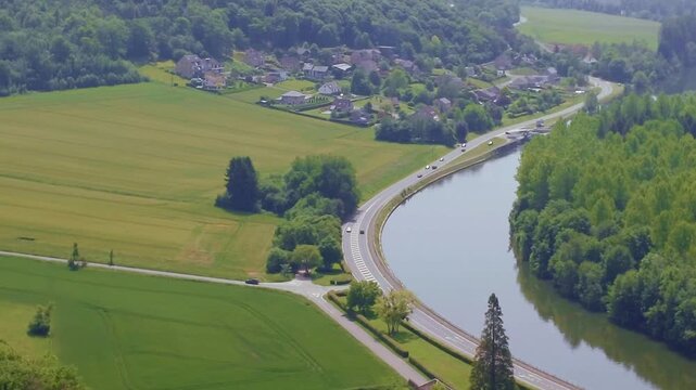Highway surrounded by nature, Modern road through green landscape, Aerial view of scenic highway