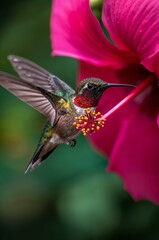 Fototapeta premium Macro Close Up of Hummingbird Hovering to Feed on Fuchsia Hibiscus Flower