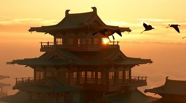 Celestial palace floating above clouds inspired by Chinese mythology, elegant jade architecture illuminated by warm sunset light, cranes flying through golden mist, cinematic, high-detail, serene myth