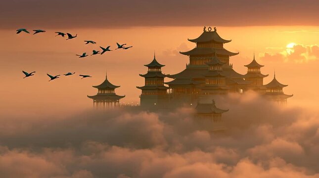 Celestial palace floating above clouds inspired by Chinese mythology, elegant jade architecture illuminated by warm sunset light, cranes flying through golden mist, cinematic, high-detail, serene myth