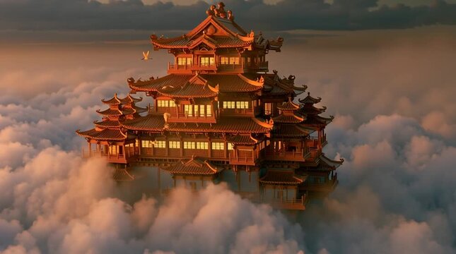 Celestial palace floating above clouds inspired by Chinese mythology, elegant jade architecture illuminated by warm sunset light, cranes flying through golden mist, cinematic, high-detail, serene myth