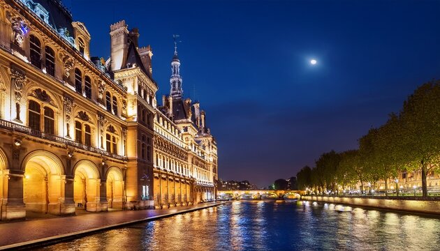 illuminated hotel de ville at night in paris with copy space