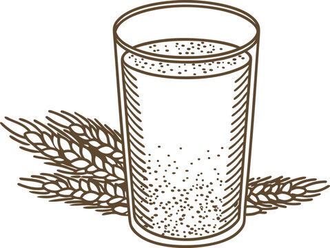 Glass of beer with foam and barley grains illustration in vintage