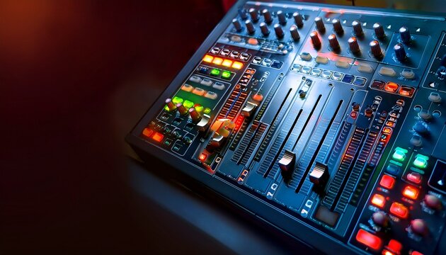 professional mixing console with glowing buttons and faders with copy space