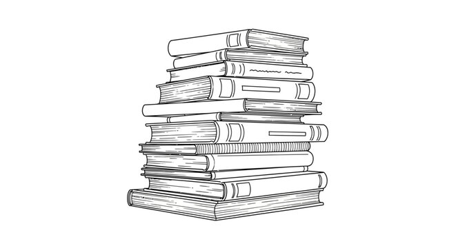 A black and white line art sketch depicts a stack of books on a white background.
