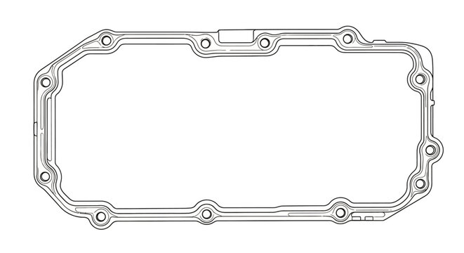 A black and white line art sketch depicts a cam cover gasket on a white background