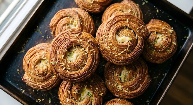 reshly baked lemon zest cruffins filled with cream on a dark baking sheet, close up