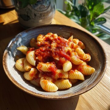 Delicious freshly cooked rigati gnocchi pasta topped with rich red chunky marinara tomato sauce served in a rustic ceramic bowl on a wooden dining table illuminated by natural morning sunlight