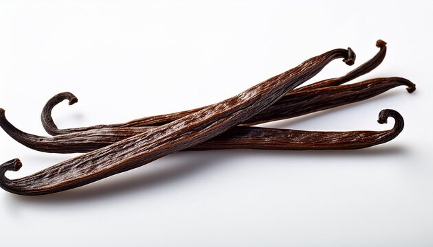 vanilla pod showing dark brown texture a popular sweet ingredient for baking and dessert flavoring white background