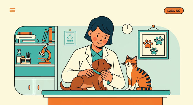 Veterinarian examining pet dog and cat illustration