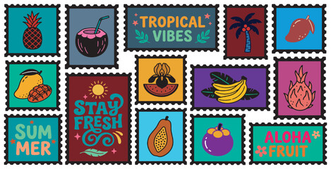 Collection of colorful postage stamps featuring tropical fruits and summer-themed messages. © Riki