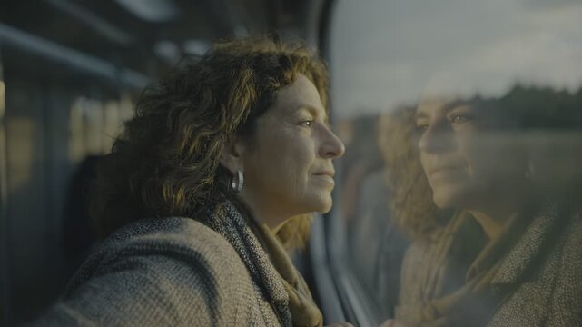 Woman gazing thoughtfully out train window on journey. Serene passenger viewing blurred countryside scenery. Travel contemplation and peaceful reflection concept.