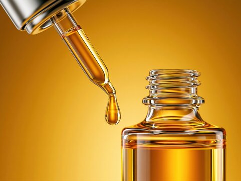 Dropper releases liquid from glass bottle in a close-up view with yellow background during bright lighting