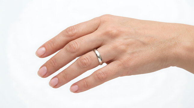 A hand displays a shiny metal ring on the finger against a plain background