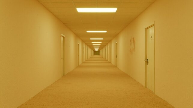 endless eerie hallway with countless doors and vintage atmosphere