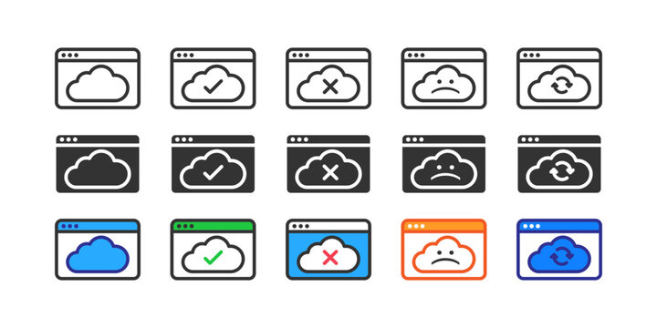 Cloud browser web status icon set. Browser window with cloud in states of default, success checkmark, error cross, sad face and refresh, representing cloud service status and UI error states. Outline,