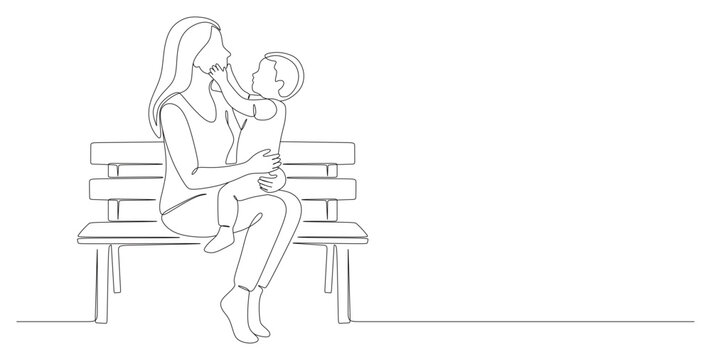 A minimalist continuous line art illustration depicting a mother sitting on a park bench while holding her toddler on her lap, who tenderly touches her face as they look at each other.