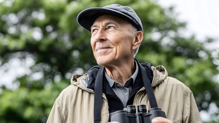 Obraz premium Senior man with binoculars birdwatching in nature park