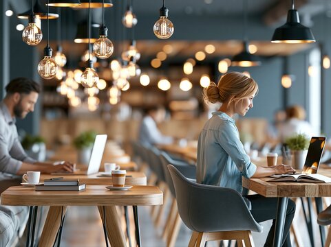 People work on laptops in a cafe during afternoon hours with hanging lights and wooden tables