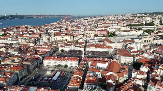 Drone Pan from Rossio Square Toward Avenida da Liberdade in Lisbon