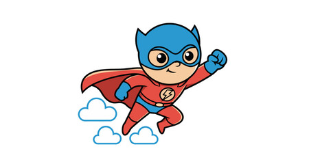 Fototapeta premium Cartoon superhero kid flying with cape silhouette on transparent background