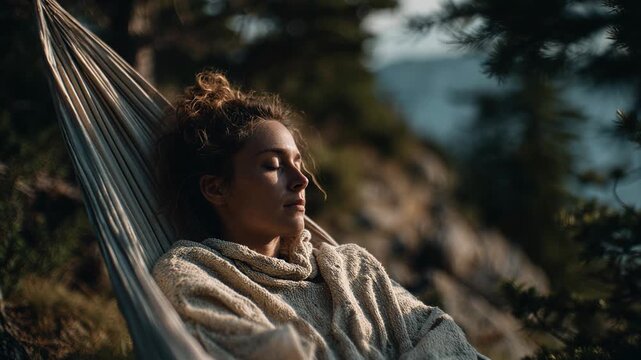 Woman relaxing in hammock suspended between trees. Peaceful rest overlooking cliffside landscape with water. Outdoor nature escape and leisure concept.