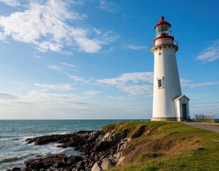 Fototapeta premium White lighthouse with red top standing on rocky coastline near ocean under blue sky with scattered clouds and green grass in foreground