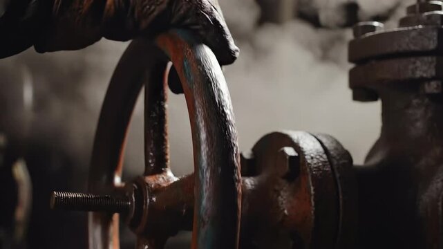Worker turning metal valve in steam-filled industrial plant, close-up view showing manual pressure control, pipeline maintenance, safety inspection, utility system operation and factory engineering.