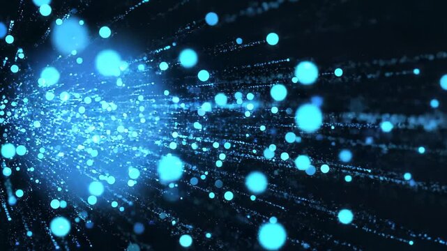 Blue cyan bokeh particles dark background loop, electric blue light particles drifting in three-dimensional field, technology data futurism overlay, seamless loop for tech presentations.
