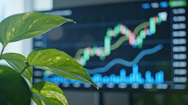 Green plant in front of stock market trading screen.