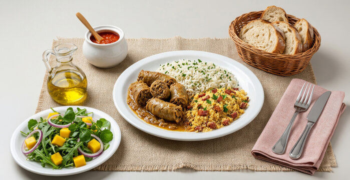 Buchada de bode tradicional com arroz, farofa, salada e p&atilde;o