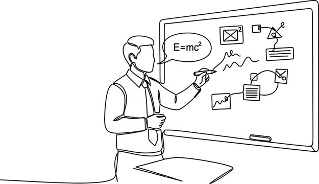 Businessman explains physics formula E=mc&sup2; on whiteboard with diagrams