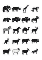 Fototapeta premium Set of 20 Minimalist Animal Silhouettes and Icons Featuring Wildlife and Domestic Species on White Background