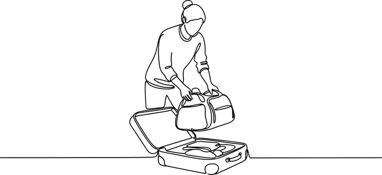 Woman Packing Luggage For Trip, Continuous Line Art