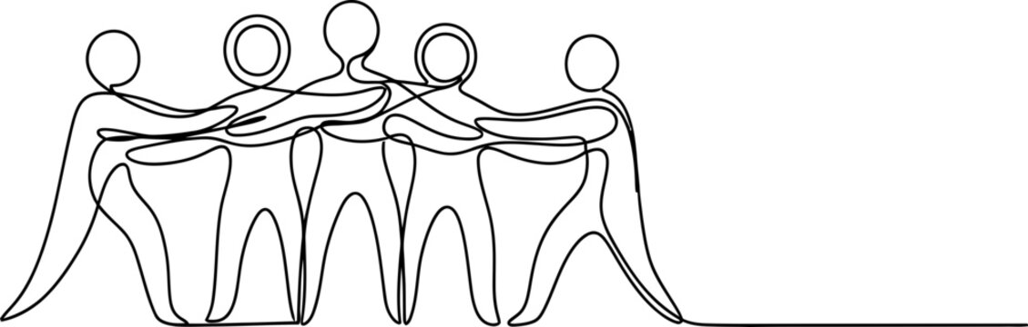 Continuous line drawing of a team pulling together in unity, symbolizing collaboration and teamwork.