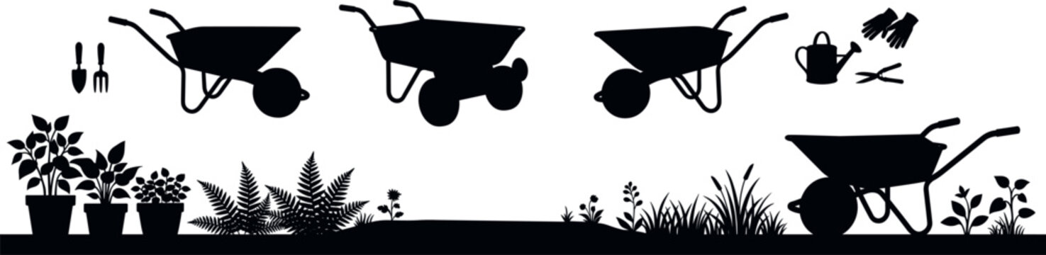 Silhouette illustration featuring wheelbarrows, gardening tools, watering can, gloves, pruning shears, and potted plants, symbolizing garden work, nature care, and outdoor lifestyle themes
