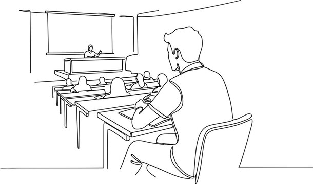Audience listens to lecture in classroom, presenter at whiteboard, learning concept