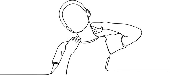 Fototapeta premium Continuous line drawing of a person massaging their neck, illustrating pain relief and self-care