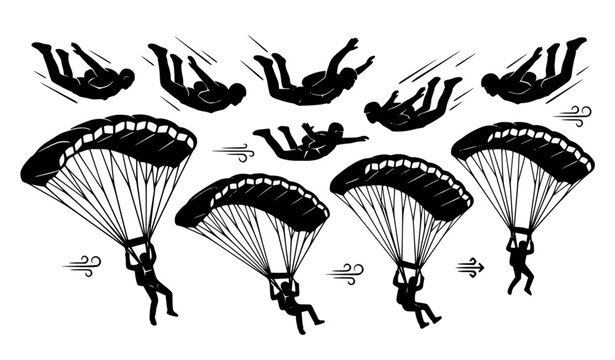 Skydiver parachuting silhouette vector illustration isolated on white background
