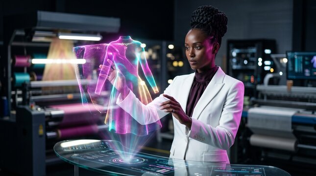 Woman analyzing a holographic projection of a garment in a modern textile manufacturing facility