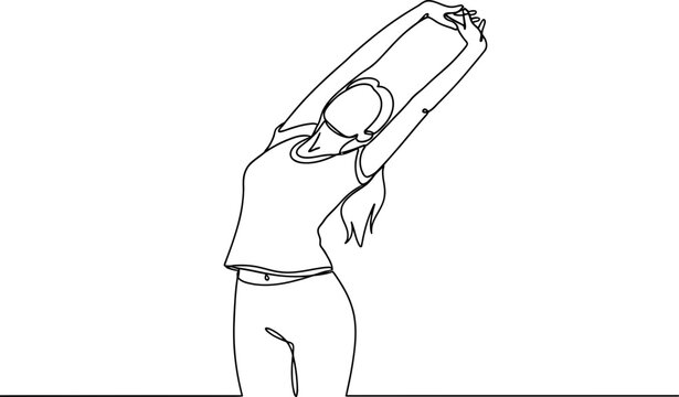 Woman stretching arms overhead, side bend, line art illustration